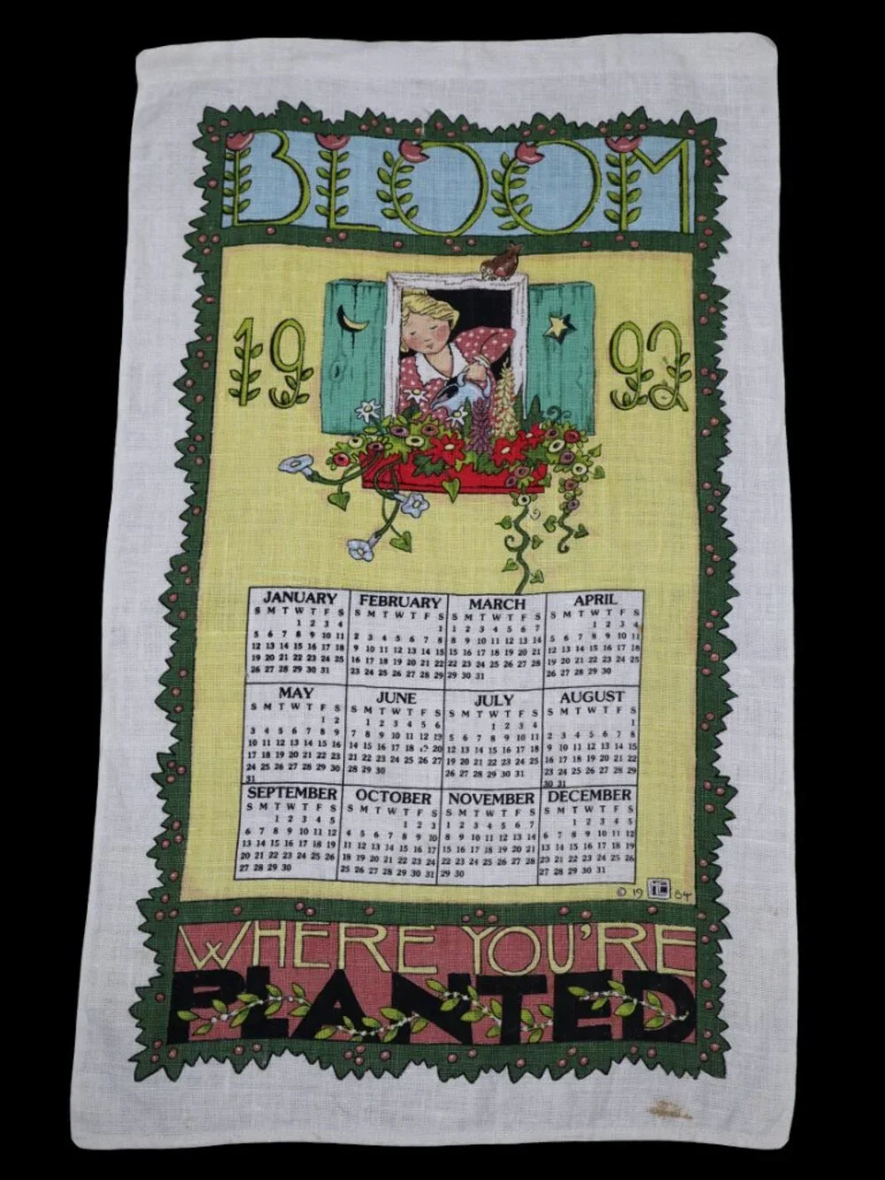 Mary Engelbreit 1992 Calendar Linen Tea Towel Vintage 90s Kitchen Kitsch Whimsy